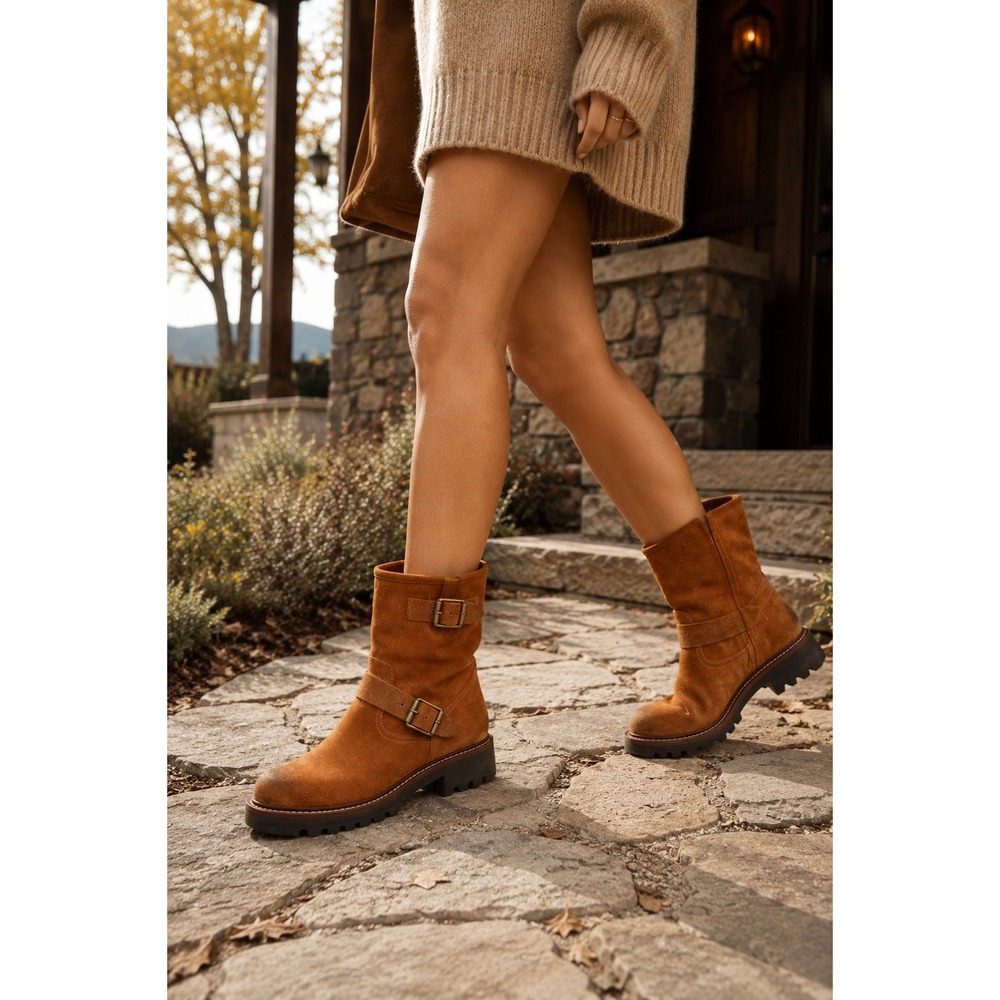 Sam Edelman KINSLEY Moto Boots Women 7.5 AMBER BROWN‎ Suede Buckle